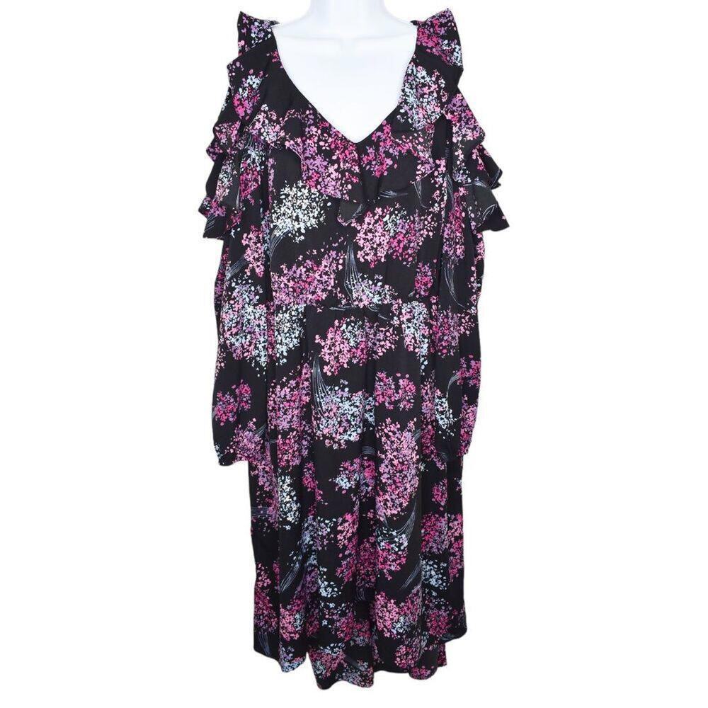 Lane Bryant Womens Black Purple Floral Ruffle Cold Shoulder V Neck Maxi Dress 14
